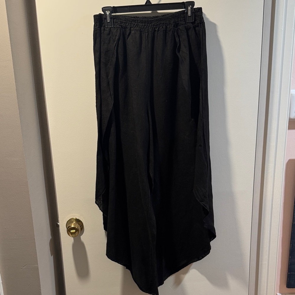 Black Linen Pants w Asymmetrical Hemline